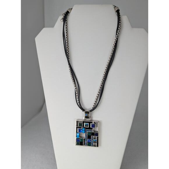 Vintage chico's Modernist Pendant 1.75" square1 leather + metal 17-21"EUCBlue - Picture 5 of 7